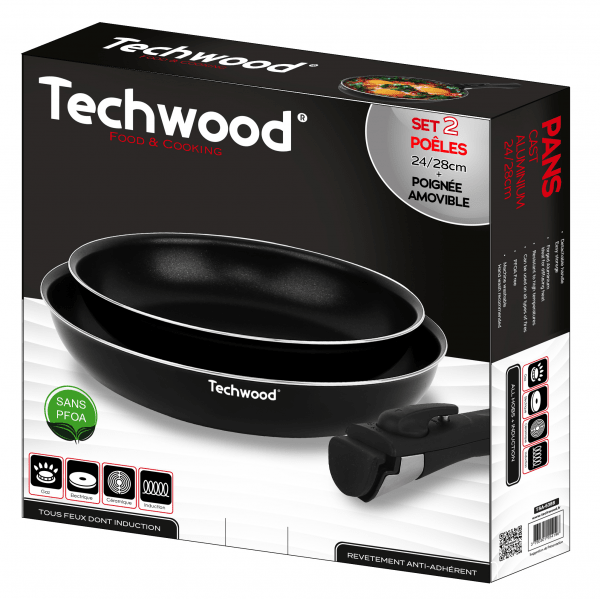 Techwood Set 3 Padelle Antiaderenti 24 e 28 cm con Manico Removibile – Per Induzione, PFOA Free