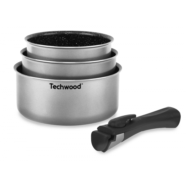 Techwood Set 4 Casseruole Antiaderenti Effetto Pietra 16-18-20 cm con Manico Removibile – Induzione, PFOA Free