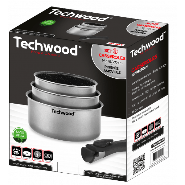 Techwood Set 4 Casseruole Antiaderenti Effetto Pietra 16-18-20 cm con Manico Removibile – Induzione, PFOA Free