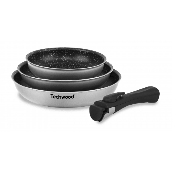 Techwood Set 4 Padelle Antiaderenti Effetto Pietra 20-24-28 cm con Manico Removibile – Per Induzione