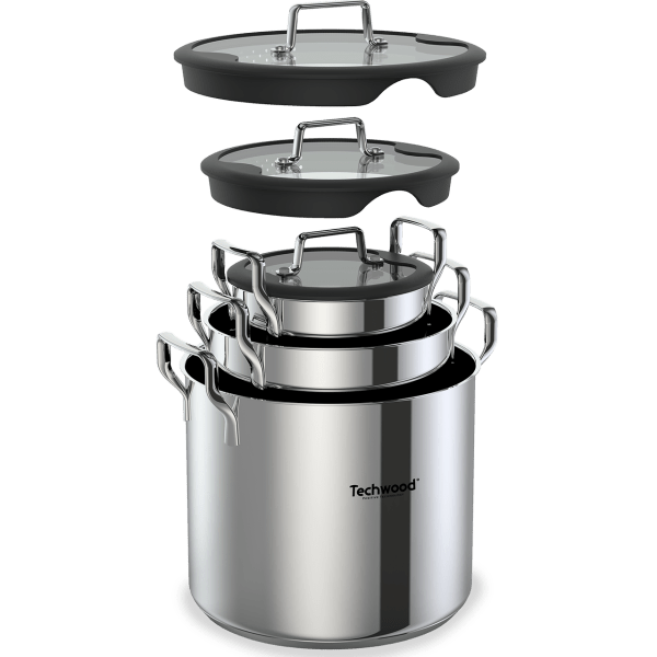 Techwood Set 6 Casseruole Antiaderenti in Acciaio Inox 16-20-24 cm con Coperchi – Per Induzione