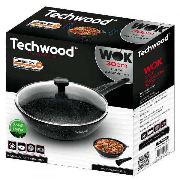 Techwood Wok Antiaderente Effetto Pietra 30 cm con Coperchio in Vetro e Manico Removibile – Induzione