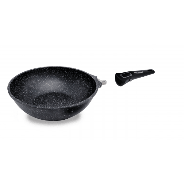 Techwood Wok Antiaderente Effetto Pietra 30 cm con Coperchio in Vetro e Manico Removibile – Induzione
