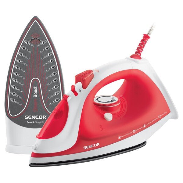 Ferro da Stiro a Vapore 2200 W con Piastra in Ceramica Autopulente Sencor Rosso Bianco