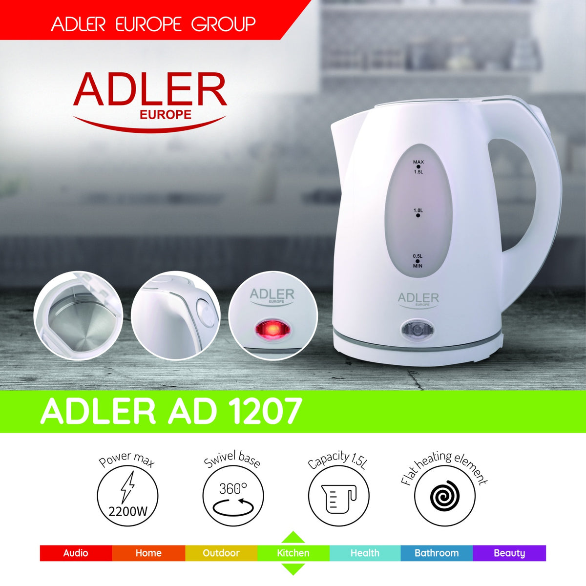 Bollitore Elettrico 1,5 Litri 2200W con Base Girevole 360° e Spegnimento Automatico Adler