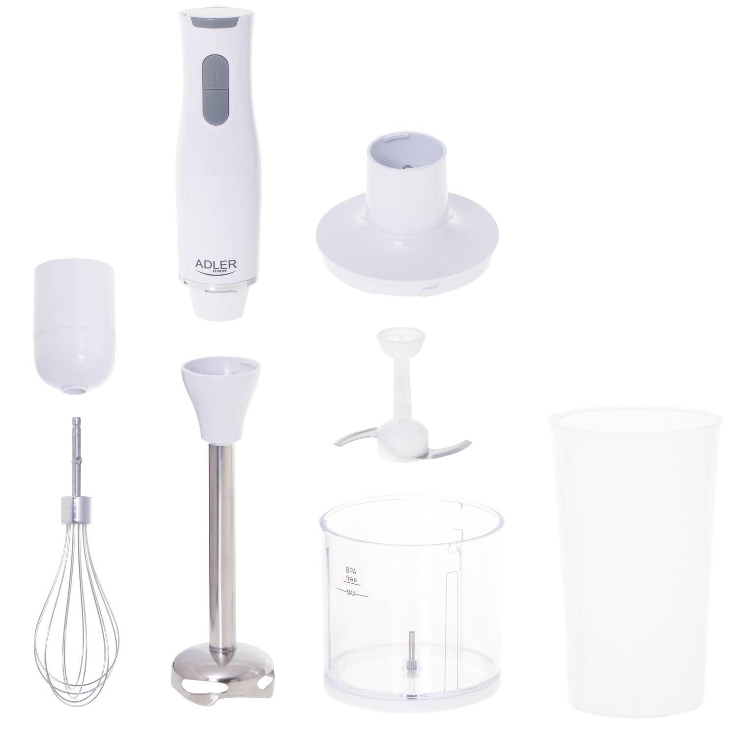 Frullatore a Immersione 800W con Tritatutto, Frusta, Bicchiere e Lame in Acciaio Inox Adler