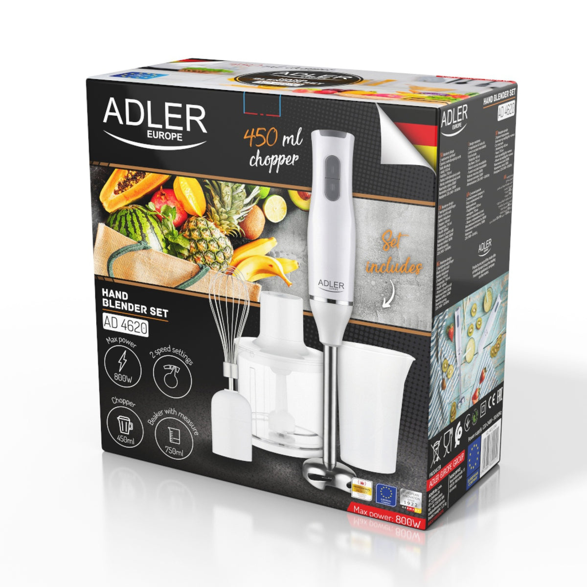 Frullatore a Immersione 800W con Tritatutto, Frusta, Bicchiere e Lame in Acciaio Inox Adler