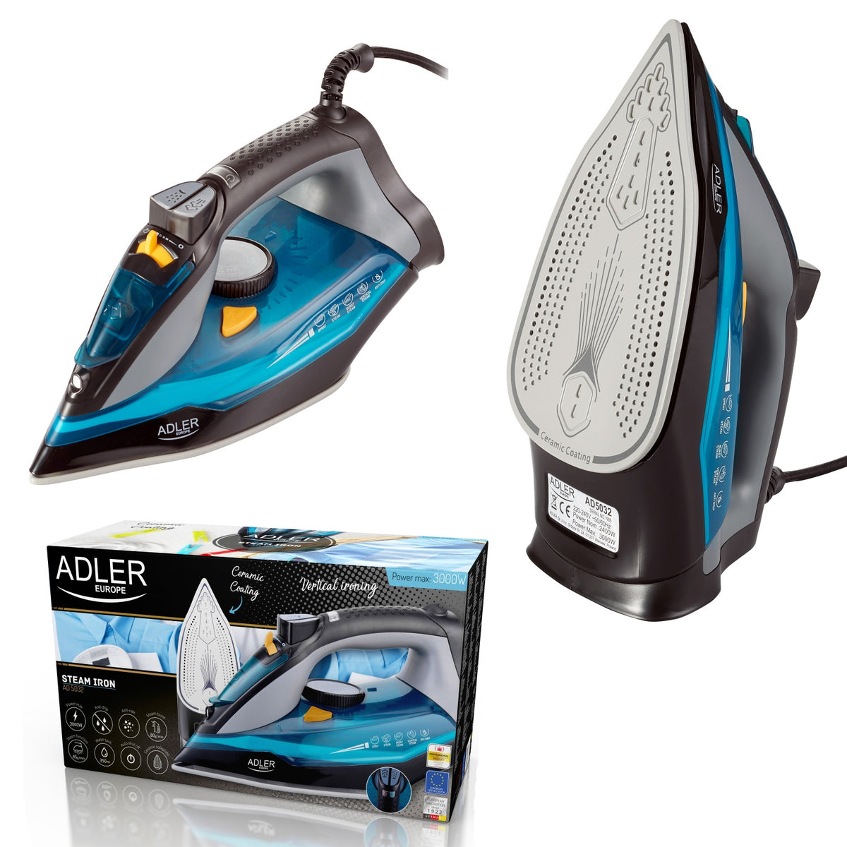 Ferro da Stiro a Vapore 3000W con Piastra in Ceramica, Vapore Verticale e Anticalcare Adler