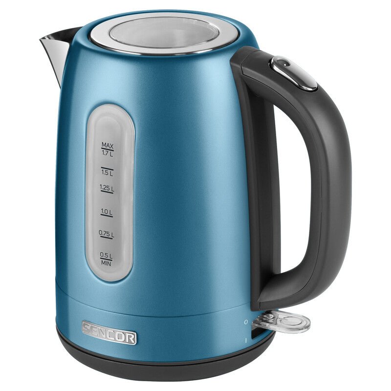 Bollitore elettrico blu 1,7 L 2150W acciaio inox con filtro anticalcare removibile e indicatore acqua Sencor