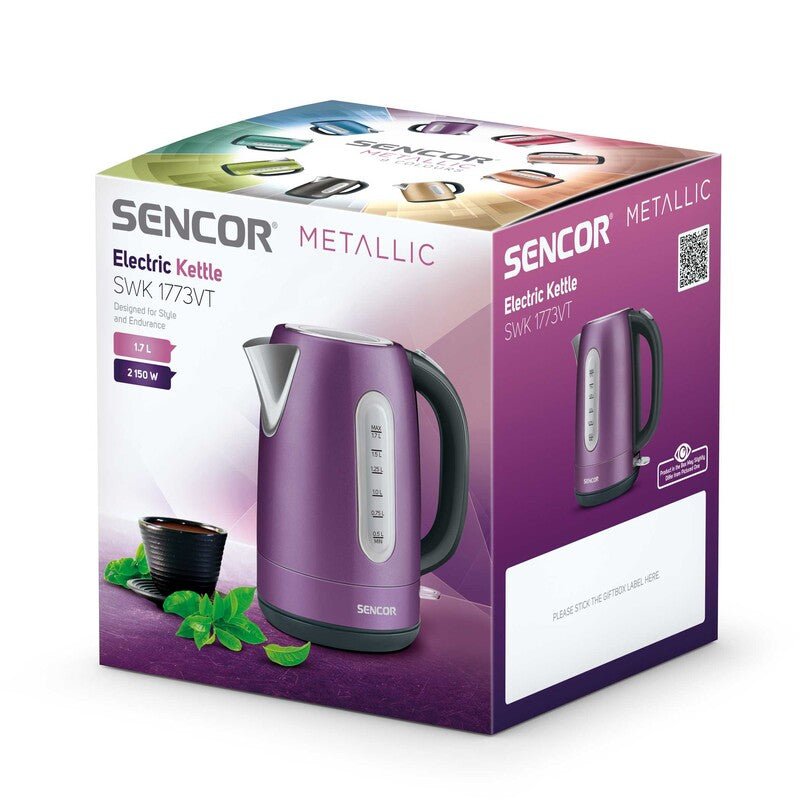 Bollitore elettrico viola 1,7 L 2150W acciaio inox con filtro anticalcare removibile e indicatore acqua Sencor