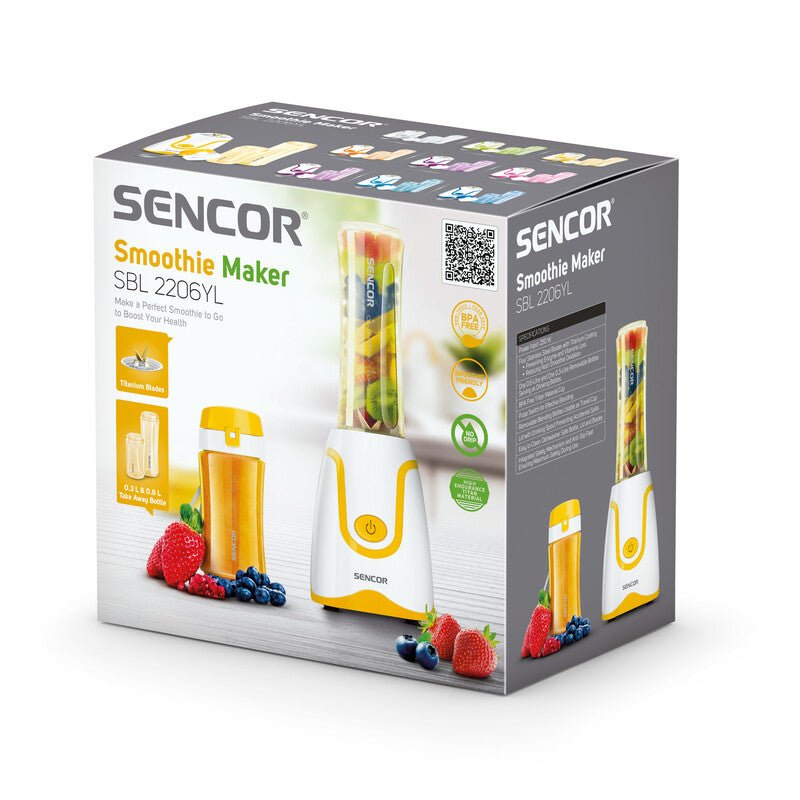Mini Frullatore Smoothie con 2 Bottiglie Tritan da Viaggio e Lame in Acciaio Inox Sencor Giallo