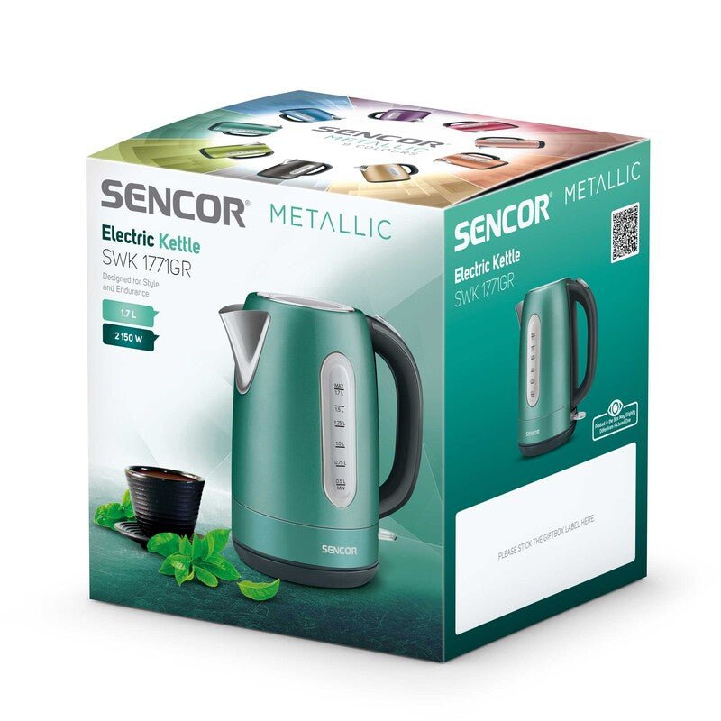 Bollitore elettrico 1,7 L 2150W  acciaio inox verde metallico con filtro anticalcare removibile e indicatore acqua Sencor