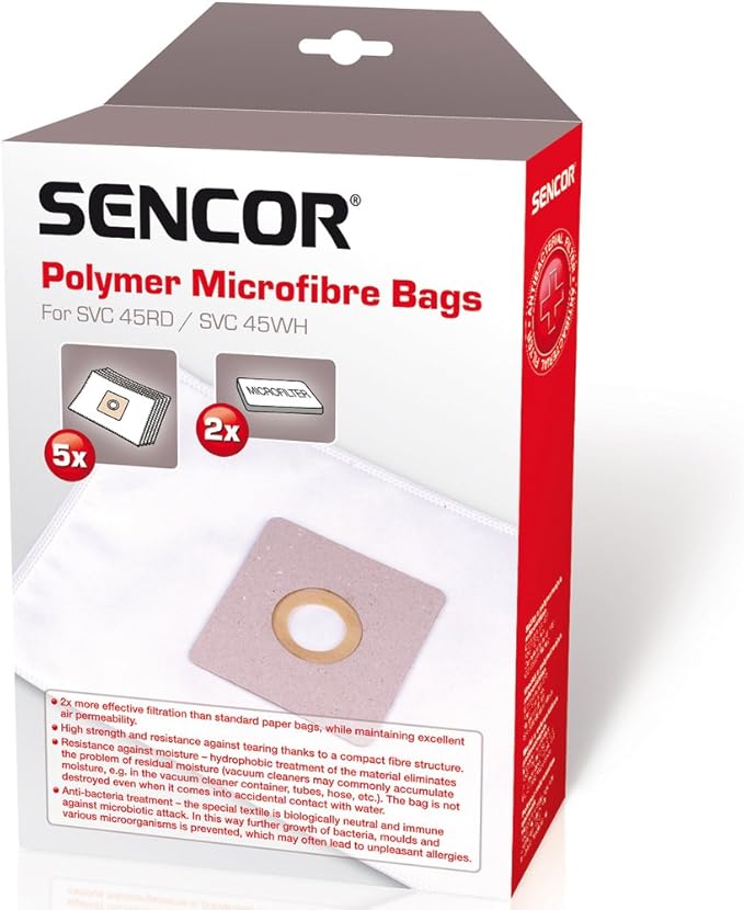 Sacchetti Aspirapolvere in Microfibra 5 Pezzi + 2 Microfiltri per Sencor SVC 45RD e 45WH SVCX 0452