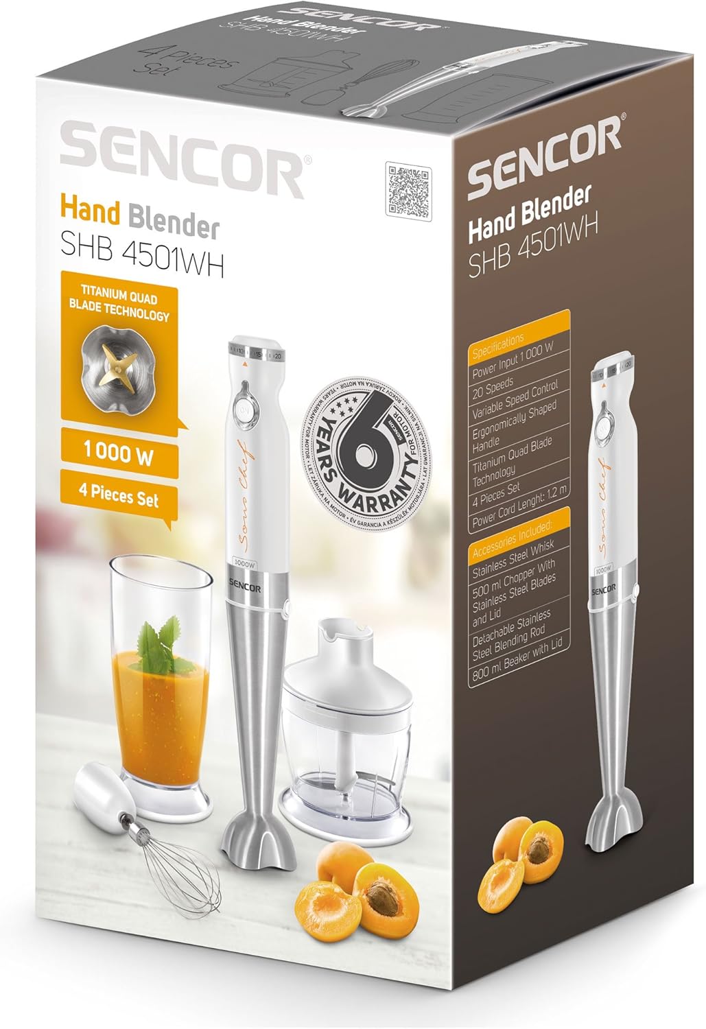 Frullatore a Immersione 1000 W con Tritatutto Frusta e Piede in Acciaio Inox Sencor