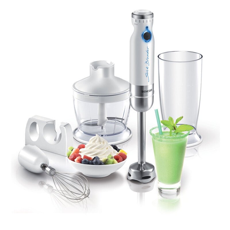 Frullatore a Immersione 800 W con Tritatutto Frusta e Bicchiere, Piede in Acciaio Inox Sencor