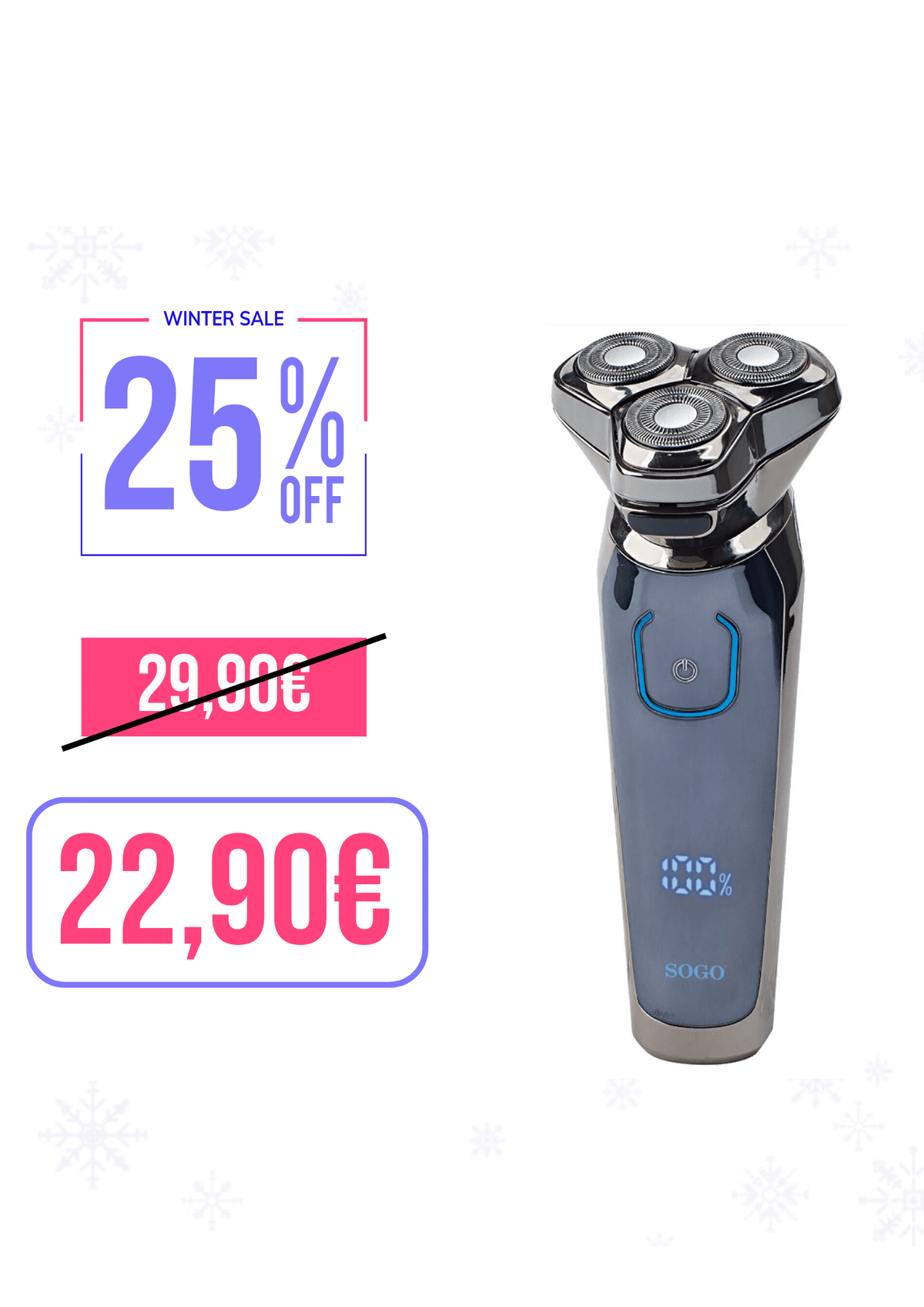 Rasoio elettrico ricaricabile da viaggio con 3 testine flottanti display LED IPX5 e autonomia 45 min Sogo