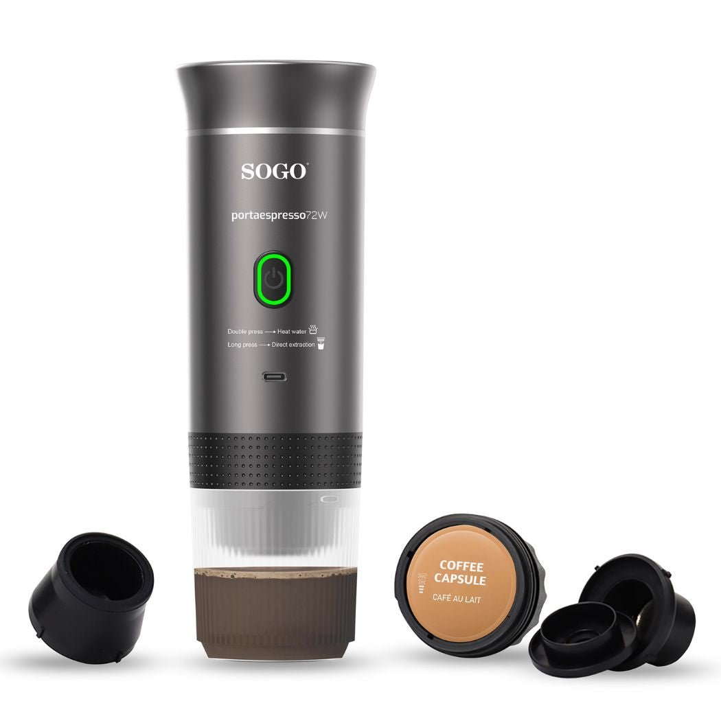 Macchina Caffè Portatile Ricaricabile 4 in 1- 20 Bar- Compatibile Capsule e Caffè Macinato, Estr. Calda/Fredda, Batteria 7500mAh, USB-C per Viaggio e Auto