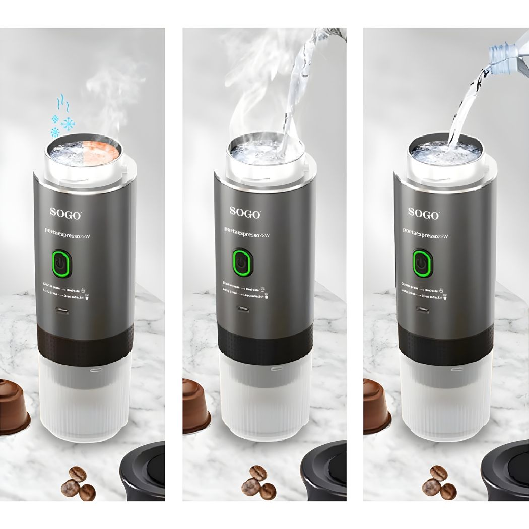 Macchina Caffè Portatile Ricaricabile 4 in 1- 20 Bar- Compatibile Capsule e Caffè Macinato, Estr. Calda/Fredda, Batteria 7500mAh, USB-C per Viaggio e Auto