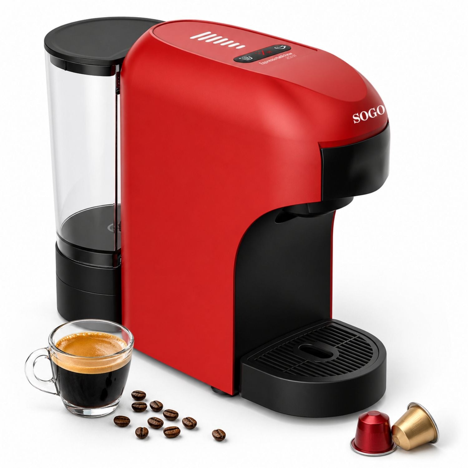 Macchina da Caffè 4 in 1 SOGO Rossa, 20 Bar, per Capsule, Cialde e Caffè Macinato