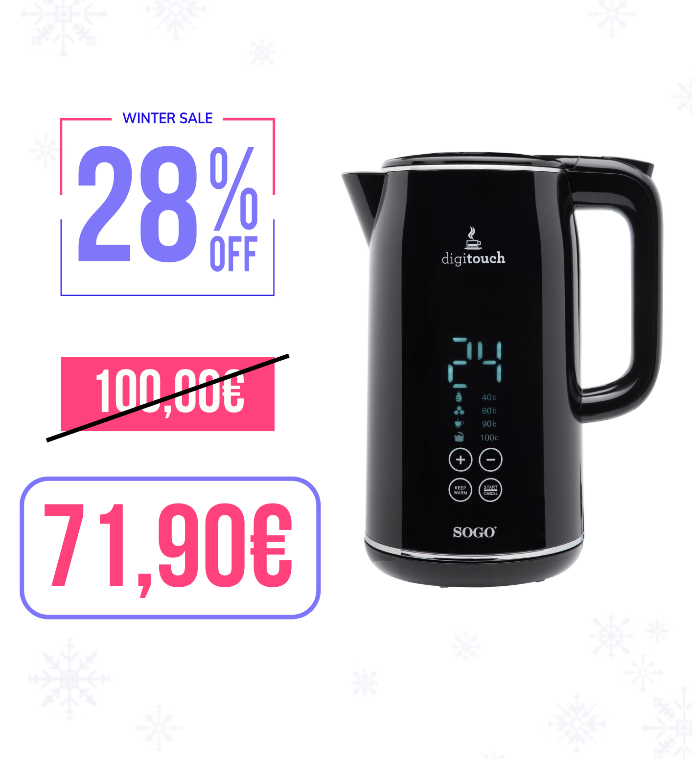 Bollitore elettrico con display digitale e comandi touch 2200W / 1.7L / mantiene il calore / inox Sogo