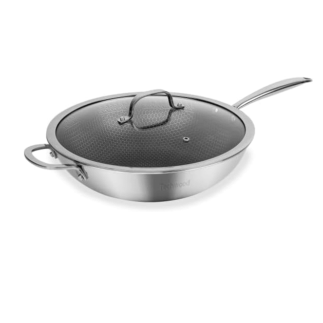Techwood Wok 30 cm in Acciaio Inox Antiaderente con Coperchio in Vetro – Per Induzione