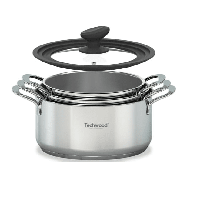 Techwood Set 4 Casseruole in Acciaio Inox con Coperchio Universale Antiaderente per Induzione e Forno