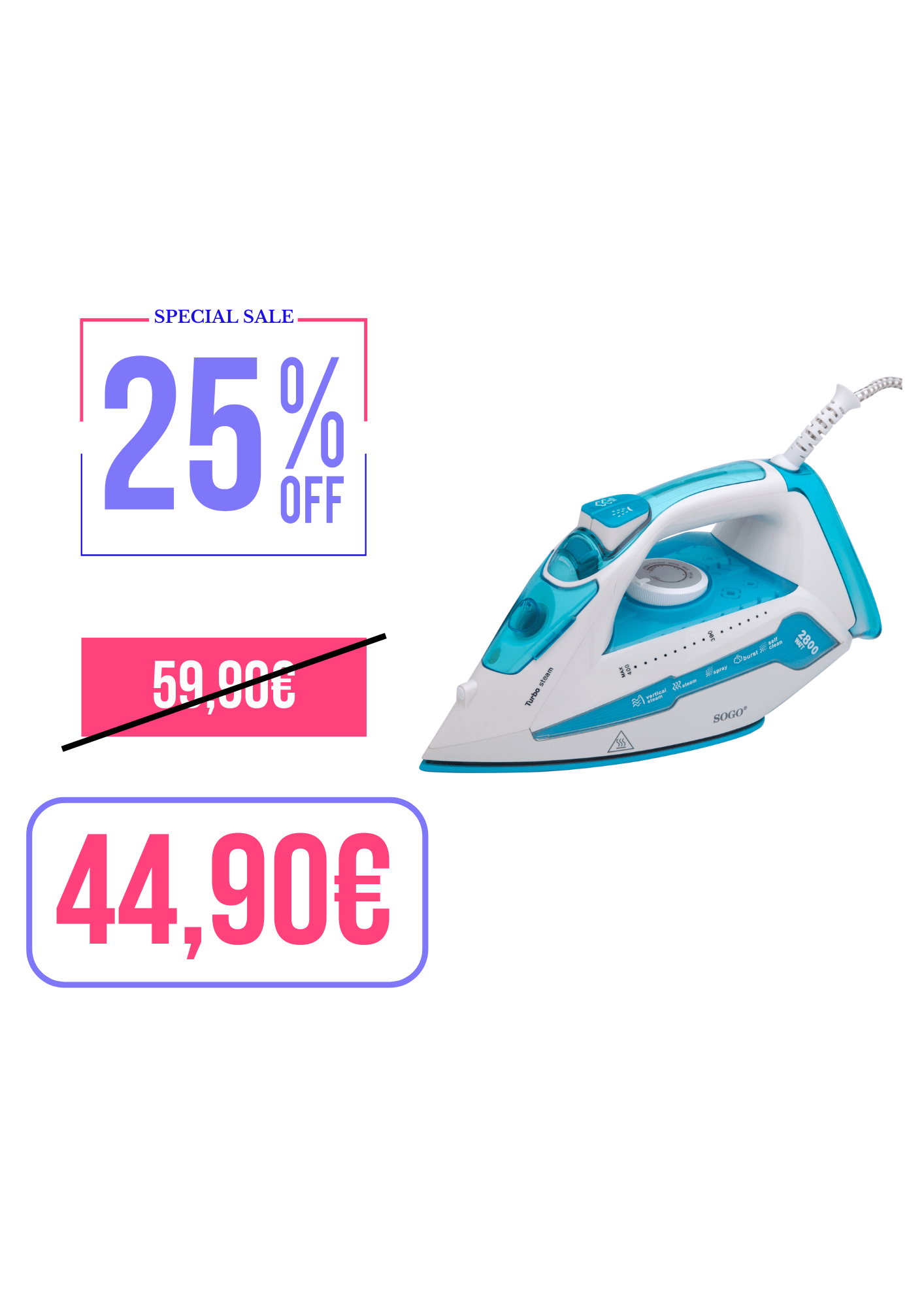 FERRO DA STIRO A VAPORE IN CERAMICA SOGO 2800W BLU