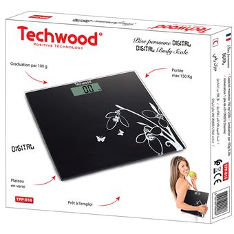 Techwood Bilancia Pesapersone Digitale 150 kg – Vetro Temperato Nera, Accensione Touch, TPP-816