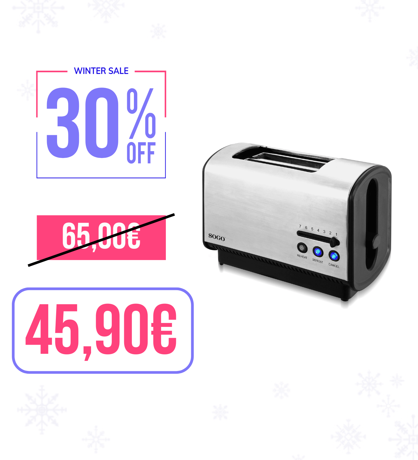Tostapane elettrico 2 fette / 850W / acciaio inox / funzione scongelamento e riscaldamento / vassoio antibriciole Sogo