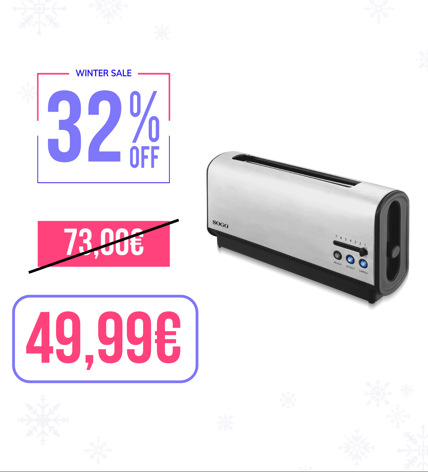Tostapane con slot fessura lunga / 900W / 2 fette / acciaio inox / scongelamento e riscaldamento Sogo