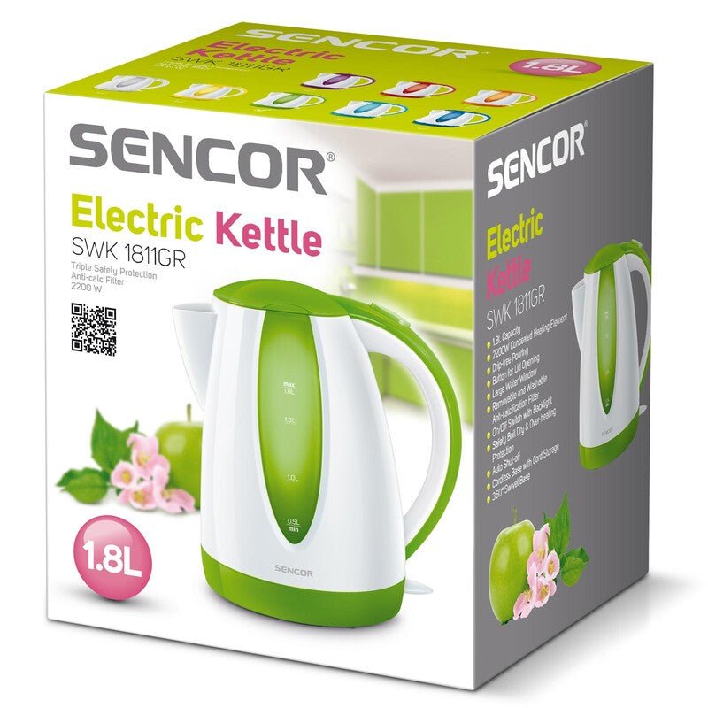 Bollitore Elettrico 1,8 L 2000 W con Filtro Anticalcare e Base 360° Sencor Bianco Verde