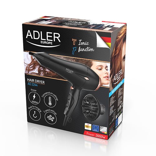 Asciugacapelli Ionico 2000W con Diffusore, Concentratore, 3 Temperature e Colpo d'Aria Fredda Adler