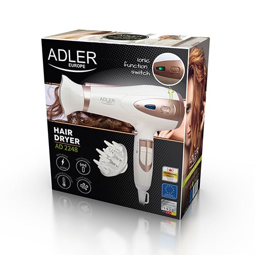Asciugacapelli Ionico 2400W con Diffusore, Concentratore, 3 Temperature e Colpo d'Aria Fredda Adler