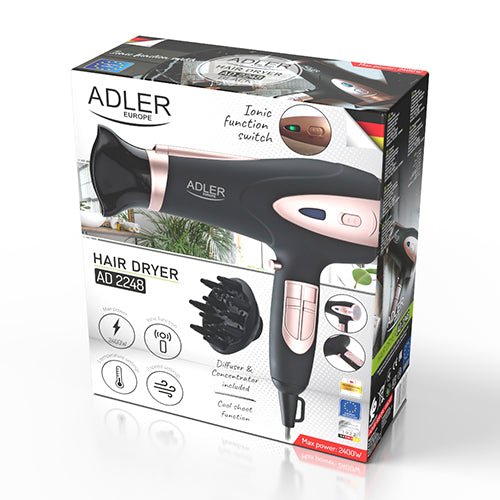 Asciugacapelli Ionico 2400W con Diffusore, Concentratore, 3 Temperature e Colpo d'Aria Fredda Adler