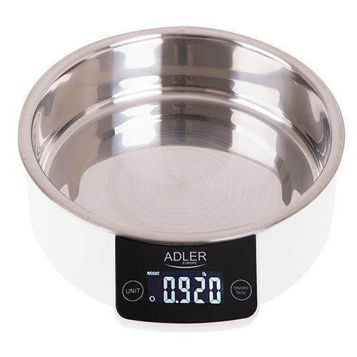 Bilancia da Cucina Digitale 5 Kg con Ciotola in Acciaio Inox 900 ml, Tara e Display LCD Adler