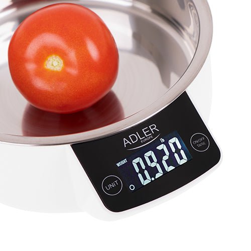 Bilancia da Cucina Digitale 5 Kg con Ciotola in Acciaio Inox 900 ml, Tara e Display LCD Adler