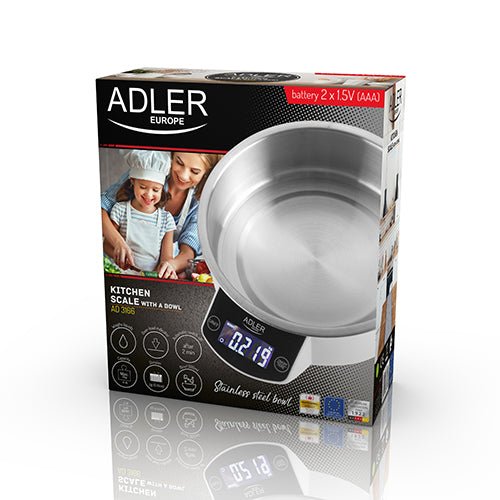 Bilancia da Cucina Digitale 5 Kg con Ciotola in Acciaio Inox 900 ml, Tara e Display LCD Adler