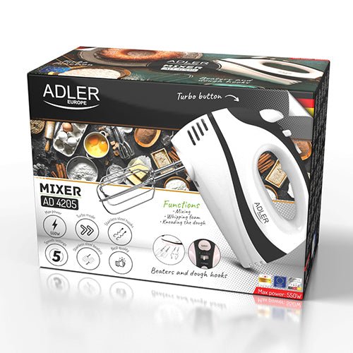 Sbattitore Elettrico 300W 5 Velocità con Turbo, Fruste e Ganci Impastatori Adler