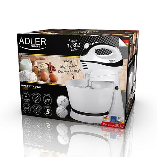 Sbattitore Elettrico 300W con Ciotola Rotante 3,4 Litri 5 Velocità Turbo e Fruste Inox Adler