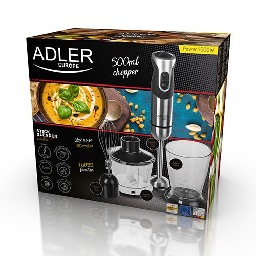 Frullatore a Immersione 1000W con Tritatutto, Frusta e Turbo in Acciaio Inox Adler