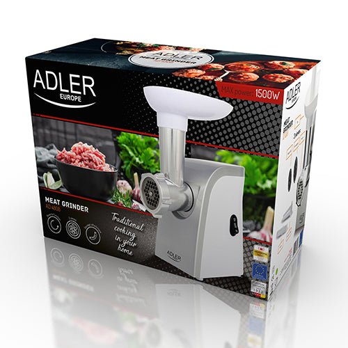 Tritacarne Elettrico 1500W con Funzione Inversa, 3 Dischi e Accessorio per Salsicce Adler