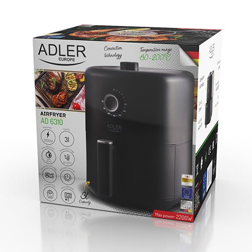 Friggitrice ad Aria 3 Litri 2200W con Timer 30 Minuti e Temperatura 80-200°C Adler