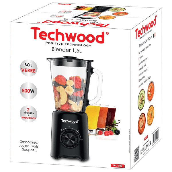Techwood Frullatore con Caraffa in Vetro 1,5L 500W – 2 Velocità, Pulse, Lame in Acciaio Inox