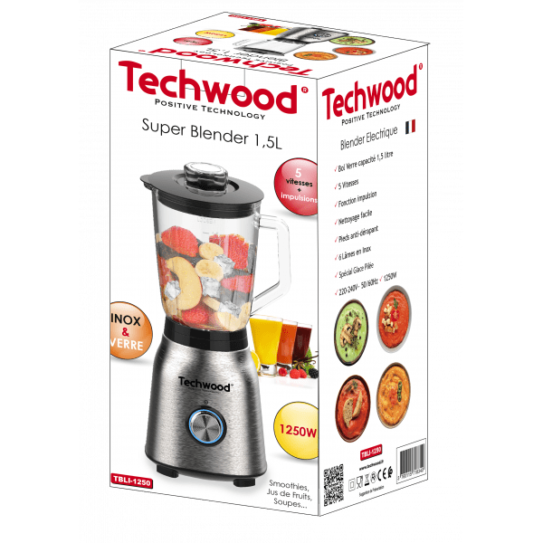 Techwood Frullatore Inox 1250W – Caraffa in Vetro 1,5L, 5 Velocità, Pulse, Tritaghiaccio, TBLI-1250