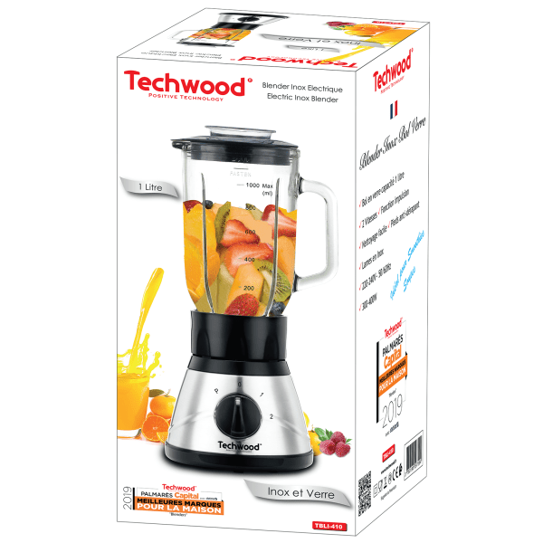 Techwood Frullatore Inox 400W – Caraffa in Vetro 1L, 2 Velocità, Pulse, Tritaghiaccio