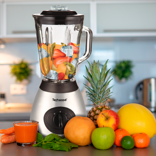 Techwood Frullatore Inox 500W – Caraffa in Vetro 1,5L, 2 Velocità, Pulse, Tritaghiaccio, Bianco