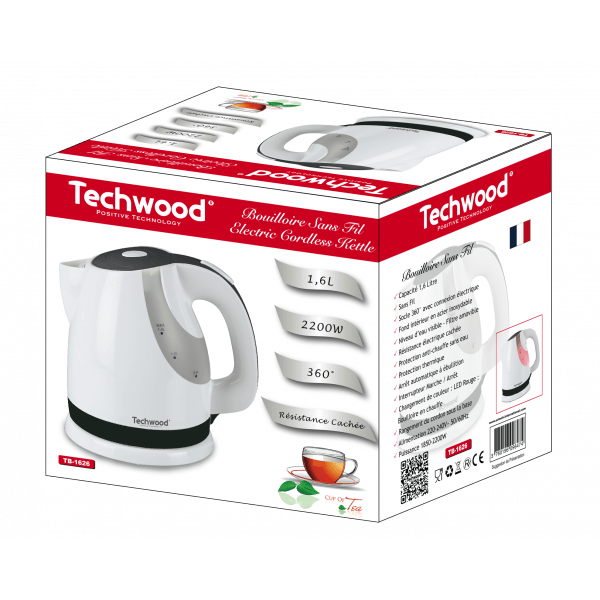 Techwood Bollitore Elettrico 1,6 Litri 2200W – Base 360°, Filtro Removibile, Spegnimento Automatico, TB-1626