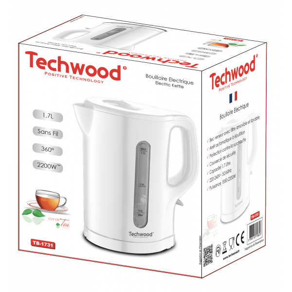 Techwood Bollitore Elettrico 1,7L 2200W Senza Fili – Filtro Anticalcare, Base 360°, Nero
