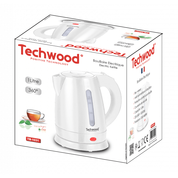 Techwood Bollitore Elettrico 1L 1600W Senza Fili – Base 360°, Compatto