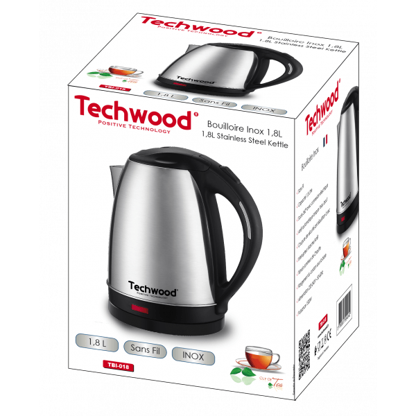 Techwood Bollitore Elettrico Inox 1,8 Litri 1500W – Base 360°, Spegnimento Automatico, TBI-018